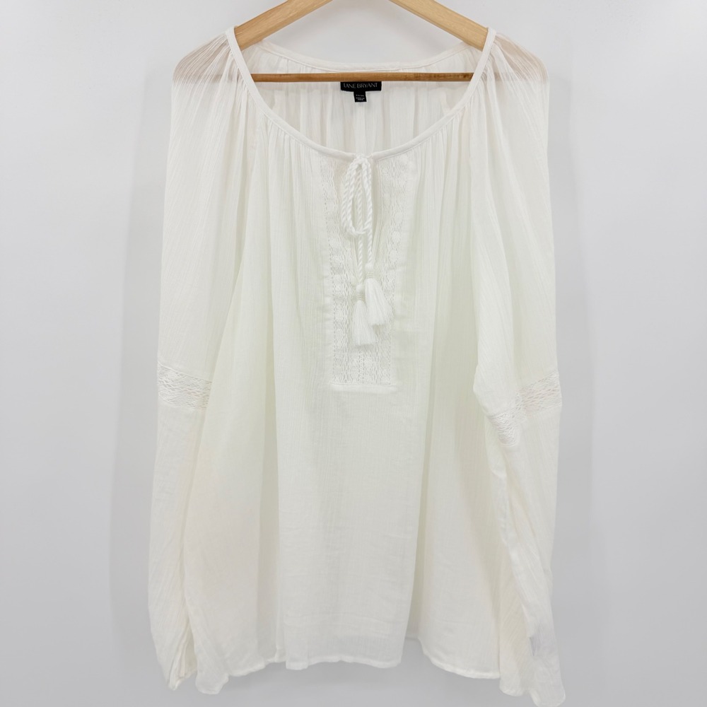 Lane Bryant White Cotton Gauze Peasant Blouse Tassel Crochet Lace Top 22/24